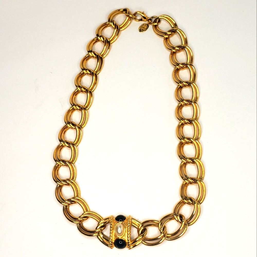 Vintage Signed Chunky Chain Double Link Collar Necklace with Pearl Accents